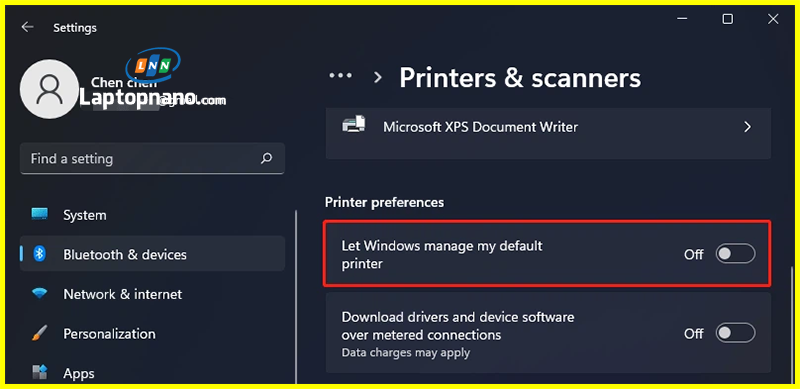 chọn Let Windows manage my default printer từ On sang Off