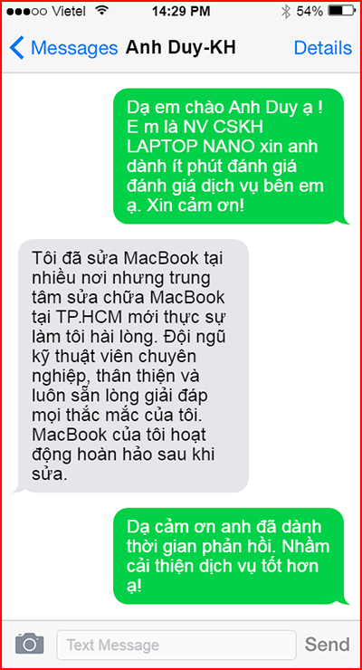 khách hàng phản hồi sửa macbook