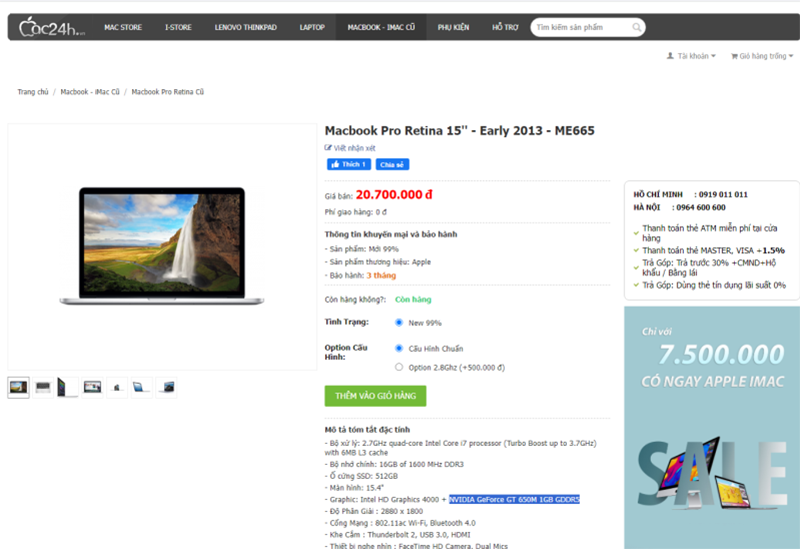 Tham khảo giá Macbook Pro Retina 2013 ME665 15 inch i7