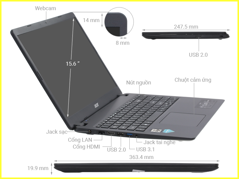 Laptop Acer Aspire 3 A315 57G 32QP i3-1005G1 trang bị cổng kết nối đa dạng