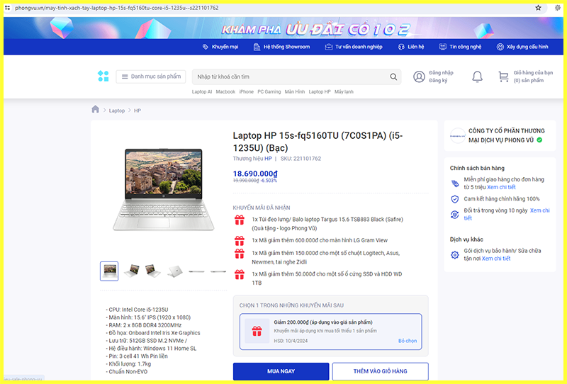 Tham khảo giá bán Laptop HP 15s fq5160TU Core i5-1235U trên thị trường