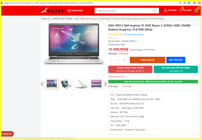Tham khảo giá bán Laptop Dell inspiron 3505 AMD Ryzen 3 3250u trên thị trường