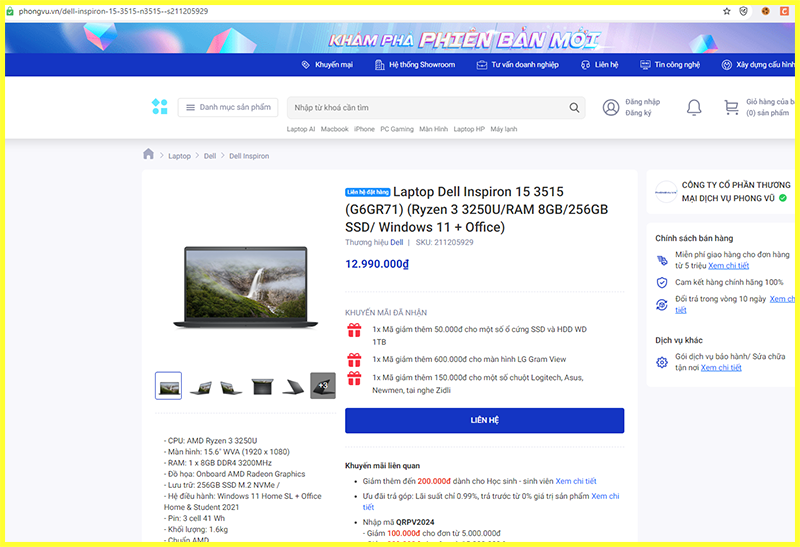 tham khảo giá bán Laptop DELL inspiron 15 3515 AMD Ryzen 3 3250U trên thị trường 1