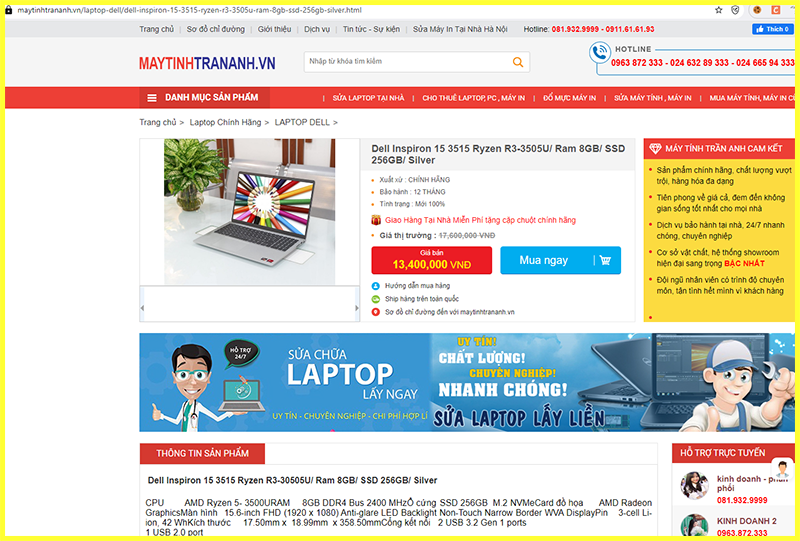 tham khảo giá bán Laptop DELL inspiron 15 3515 AMD Ryzen 3 3250U trên thị trường 3