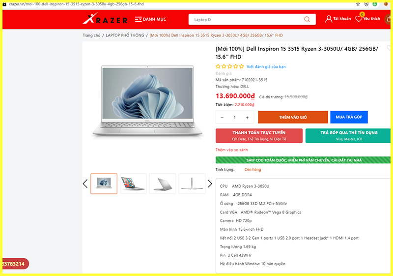 tham khảo giá bán Laptop DELL inspiron 15 3515 AMD Ryzen 3 3250U trên thị trường