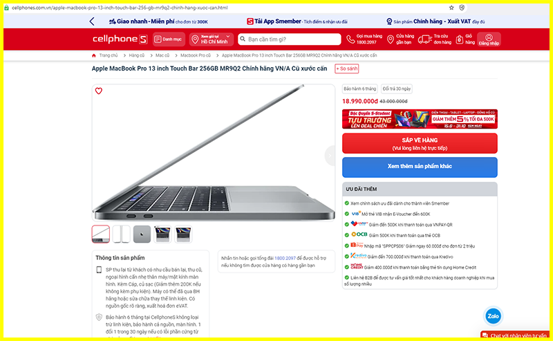 Giá bán Laptop MacBook Pro 2018 13 inch Touch Bar MR9Q2 Core i5-8259U 2.3Ghz trên thị trường 1