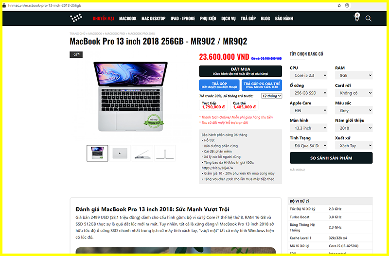 Giá bán Laptop MacBook Pro 2018 13 inch Touch Bar MR9Q2 Core i5-8259U 2.3Ghz trên thị trường