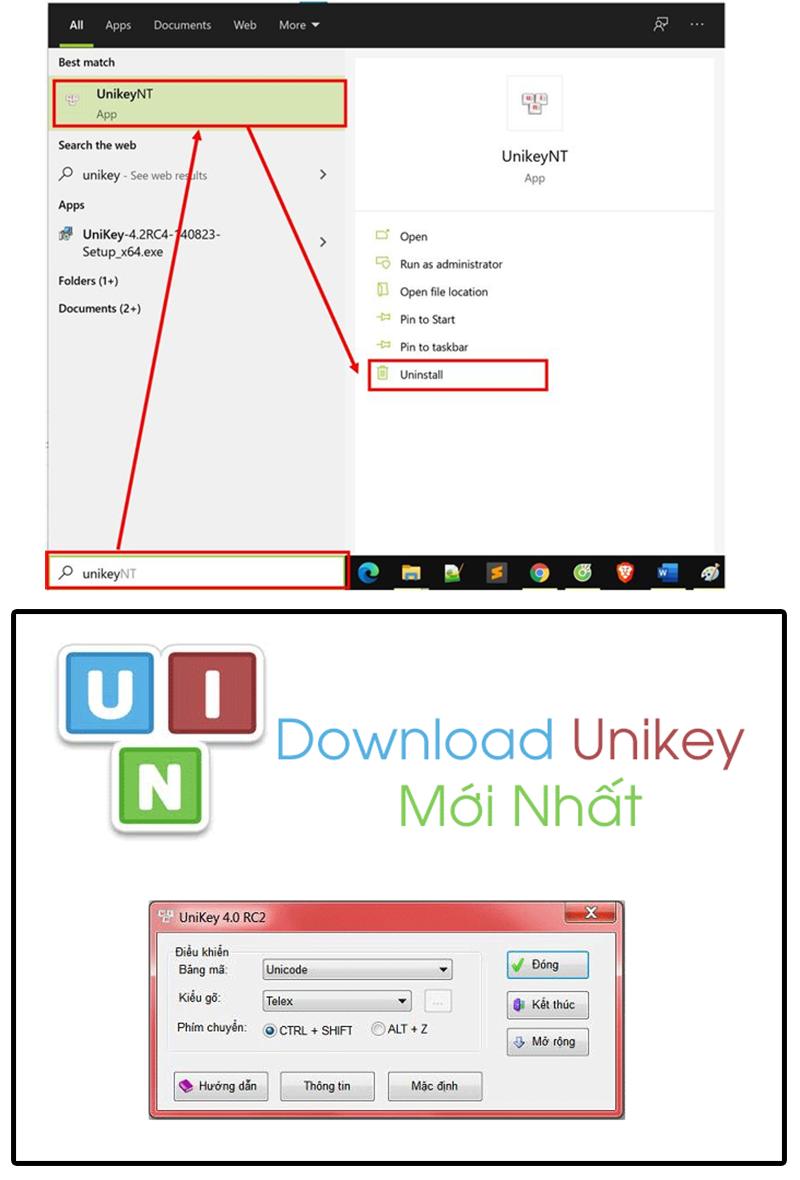 Gỡ và cài lại Unikey đúng phiên bản