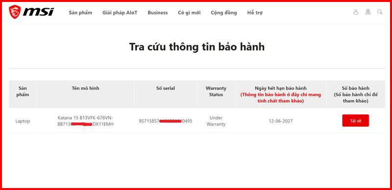 check  bảo hành MSI Katana 15 B13VFK 676VN